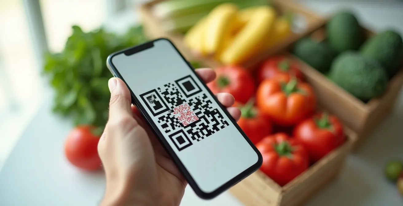 Main scannant un QR code sur un produit bio avec smartphone montrant la traçabilité