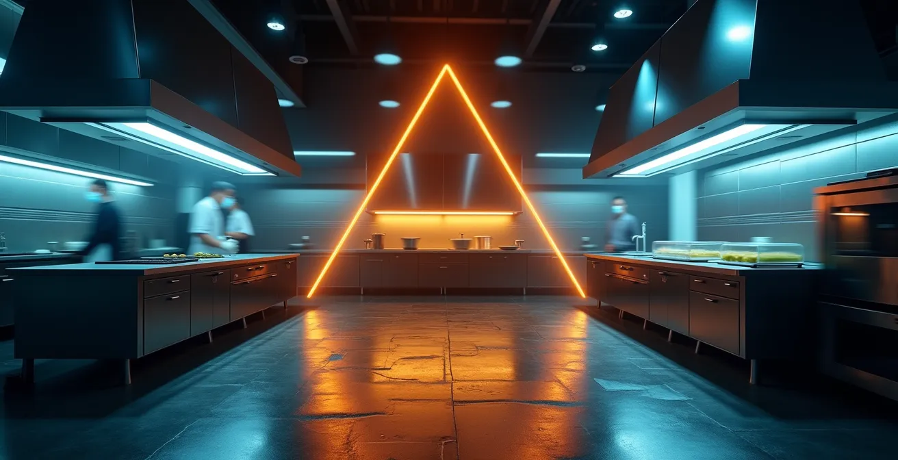 Organisation spatiale d'une dark kitchen montrant le triangle d'or avec trois zones distinctes de production