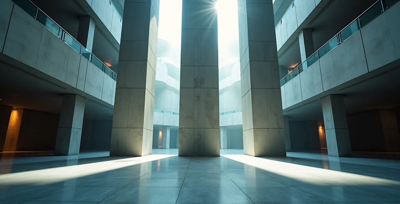 Composition symbolique de trois colonnes architecturales modernes représentant les piliers de la franchise
