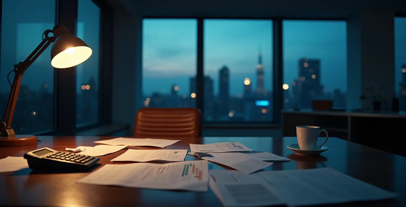 Bureau avec documents financiers éparpillés et calculatrice dans une ambiance sombre