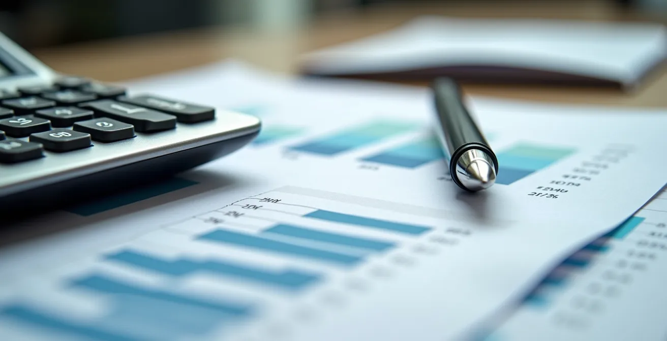 Bureau avec documents financiers et graphiques pour prévisionnel de franchise