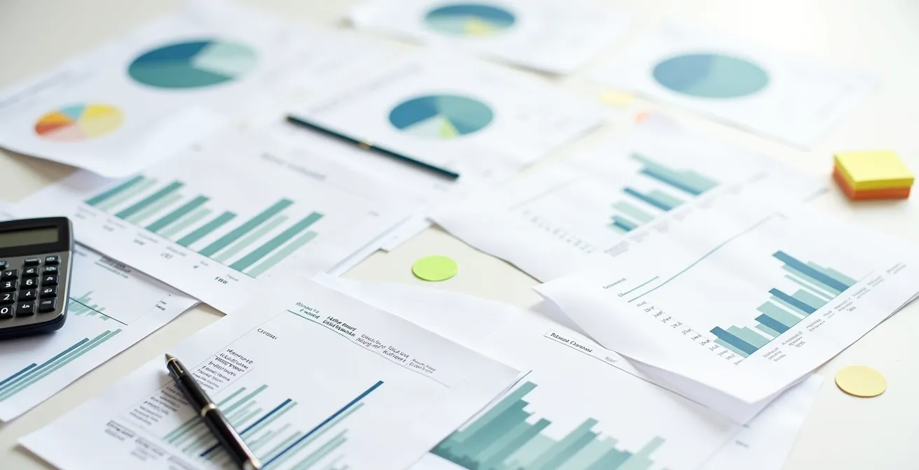 Vue aérienne de documents financiers avec graphiques et tableaux comparatifs pour analyse de franchise