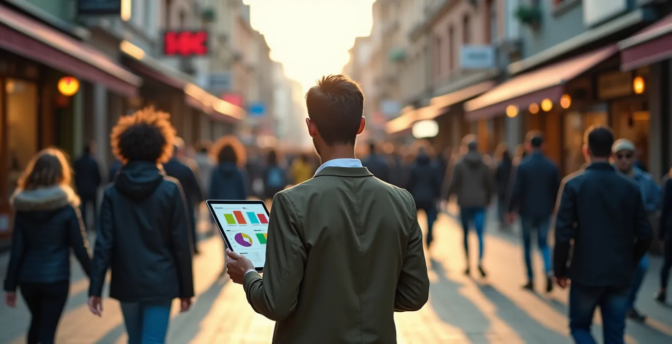 Enquête terrain dans une rue commerçante avec comptage de flux et observation des passants