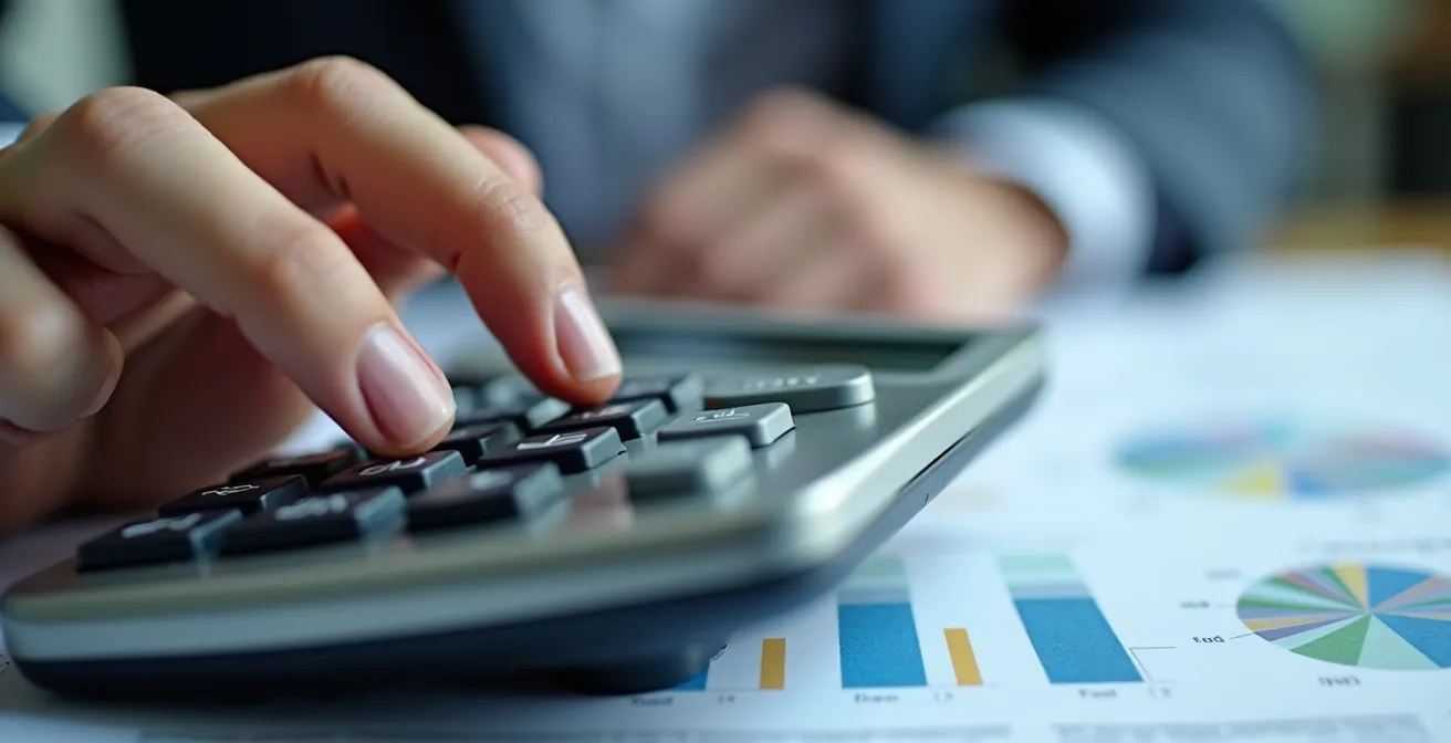 Gros plan sur une calculatrice professionnelle avec graphiques financiers flous en arrière-plan