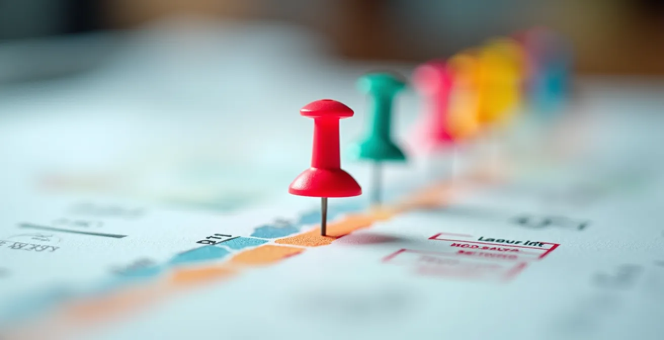 Vue macro de jalons colorés sur un planning de projet avec effet de profondeur de champ