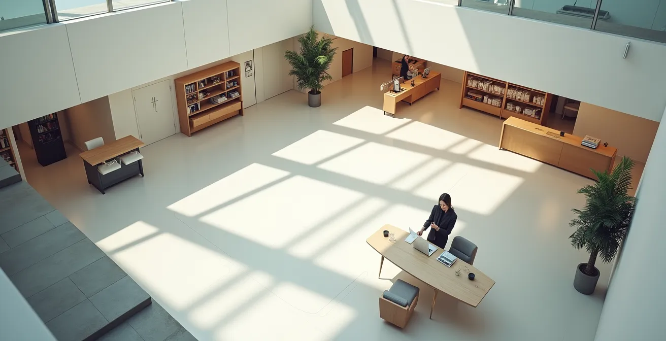 Vue aérienne minimaliste d'un espace commercial optimisé avec flux de circulation visible