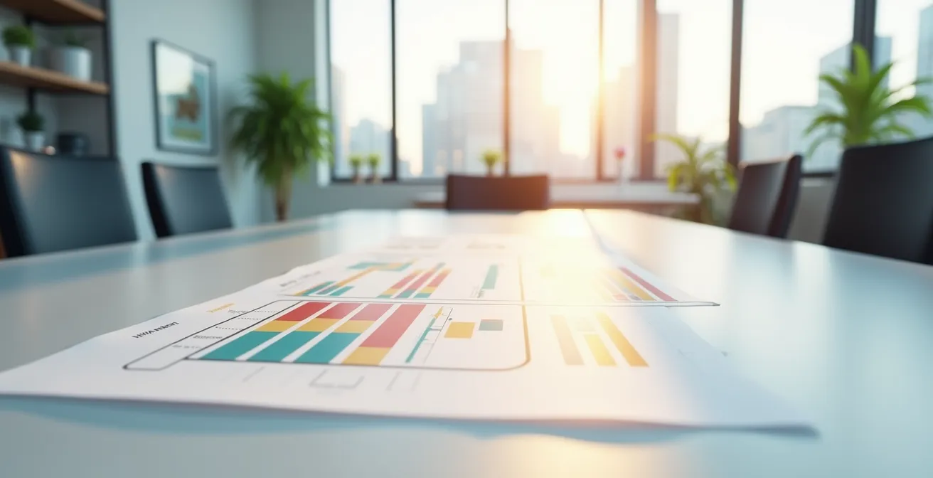 Vue large d'un bureau moderne avec planning Gantt de décaissements étalé sur plusieurs mois