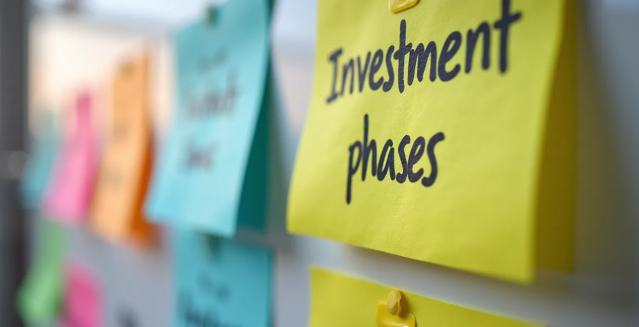 Vue macro d'un tableau de planification chronologique des investissements franchise avec post-its colorés